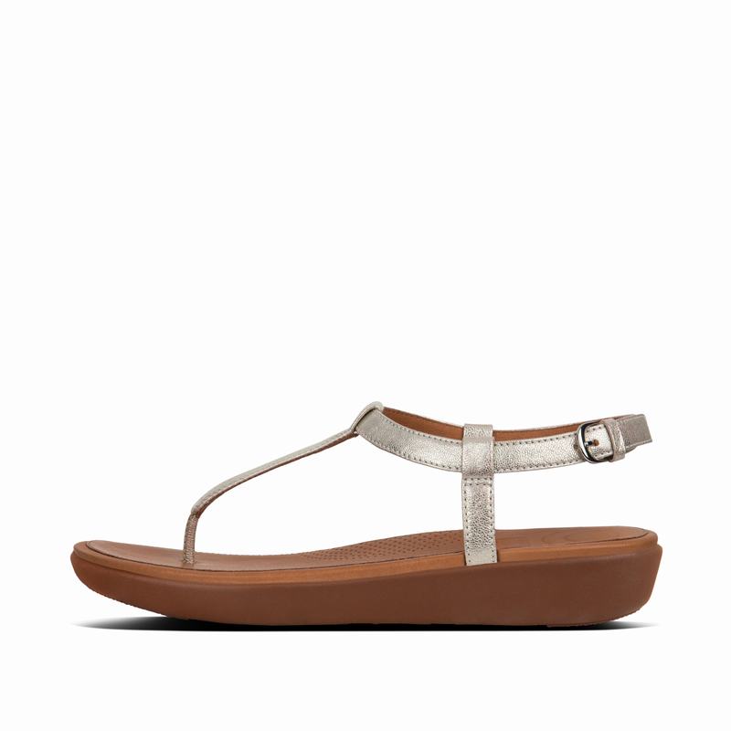 FitFlop Tia Leder T-Bar Silber - FitFlop Backstrap Sandalen Damen Sale [MSXU-39065]